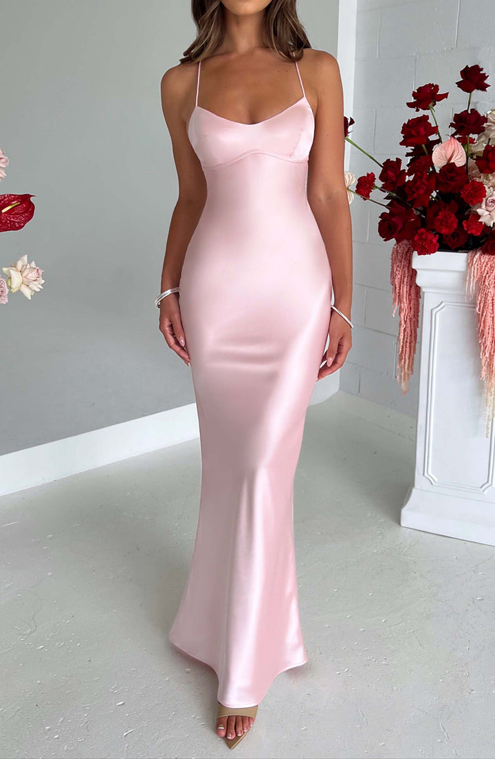 Elegantes Damen Maxikleid in Rosaton, bodenlang. Perfekt als Abendkleid für festliche Anlässe und Partys.
