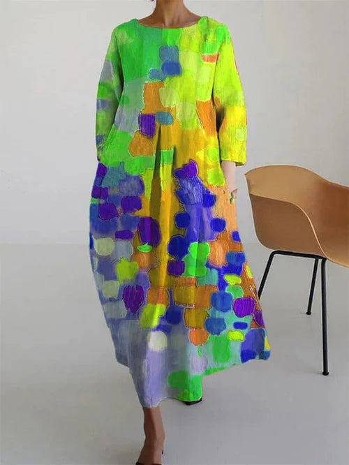 Damen Maxikleid mit abstraktem Blumenmuster und Langarm. Ein elegantes, fließendes Kleid für Sommer & Urlaub.
