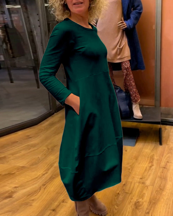 Komfortables & vielseitiges Damen A-Linie Midikleid mit langen Ärmeln und Taschen. Dein perfektes Herbst-Winter-Kleid.