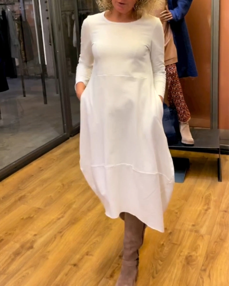 Elegantes Damen Midikleid mit A-Linie Schnitt & langen Ärmeln, mit Taschen. Vielseitig für Büro oder Event.