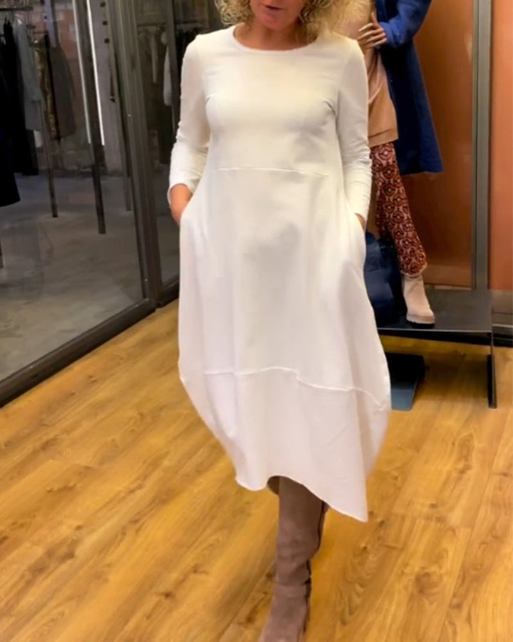 Elegantes Damen Midikleid mit A-Linie Schnitt & langen Ärmeln, mit Taschen. Vielseitig für Büro oder Event.