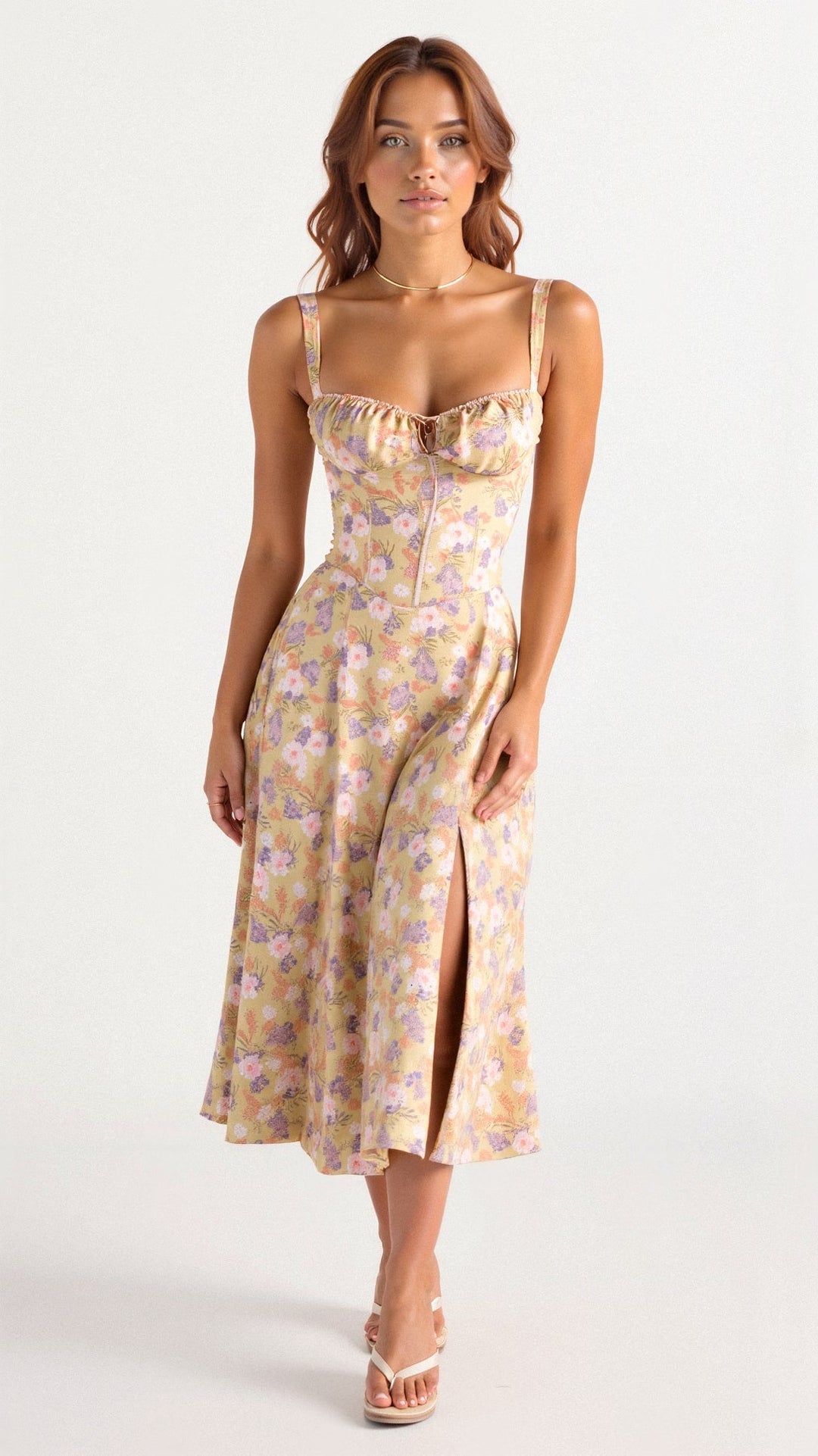 Elegantes Damen Midikleid mit Blumenmuster und Korsettdesign für eine figurformende Silhouette.
