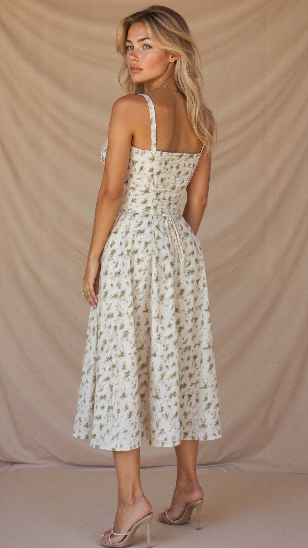 Sommerliches Damen-Midikleid mit Blumenmuster und Korsett-Design, stilvoll und schick.