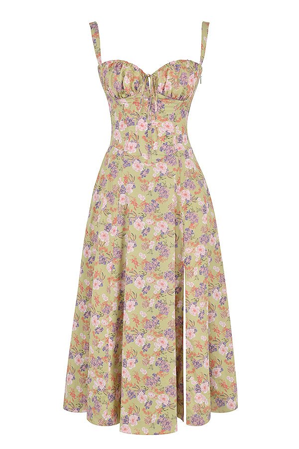 Bequemes und elegantes Damen Midikleid mit Blumenmuster und Korsett-Silhouette.