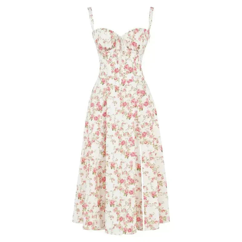 Geblümtes Damenkleid in Midilänge mit Korsett-Oberteil, sowohl festlich als auch leger.
