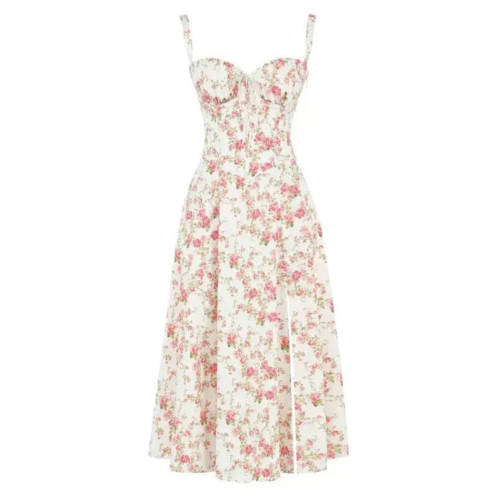 Geblümtes Damenkleid in Midilänge mit Korsett-Oberteil, sowohl festlich als auch leger.