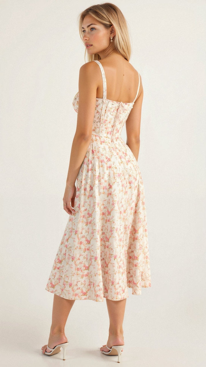 Figurformendes Damen Corsetkleid in Midilänge, mit wunderschönem floralen Print.