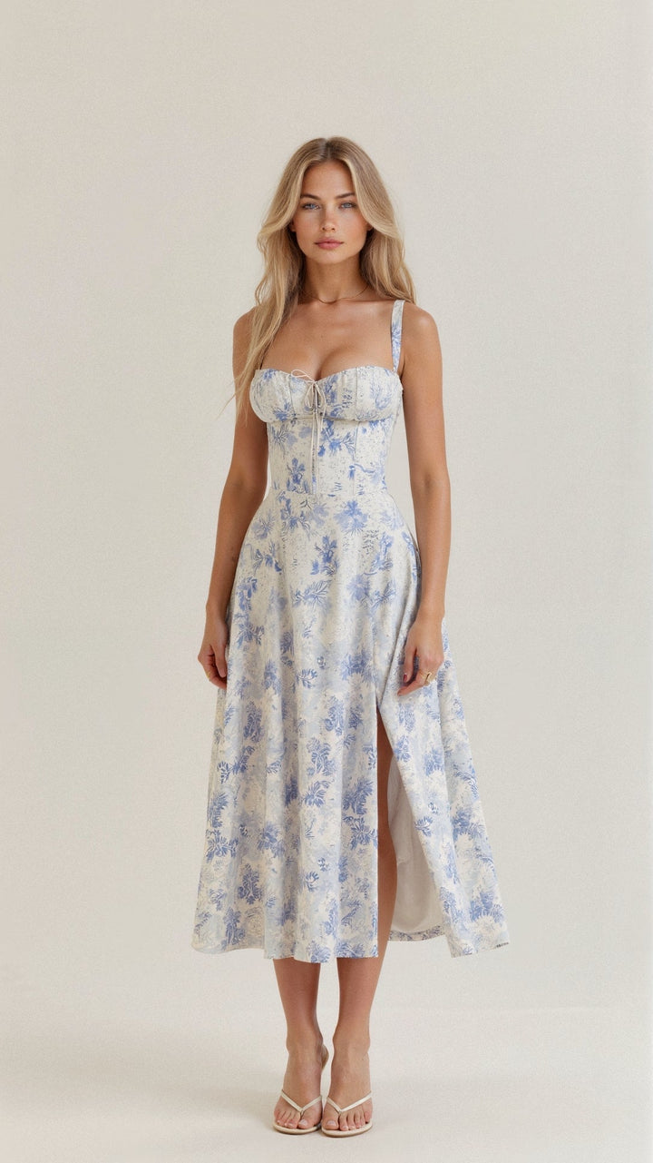Elegantes Damenkleid mit Blumenmuster, Korsettdetail, in Midilänge, vielseitig kombinierbar.