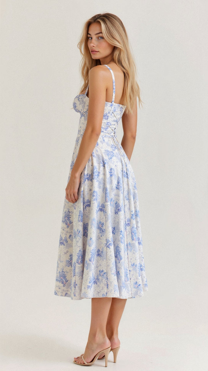 Geblühtes Midikleid für Damen, Korsettschnitt, perfekt als Sommerkleid oder Festkleid.
