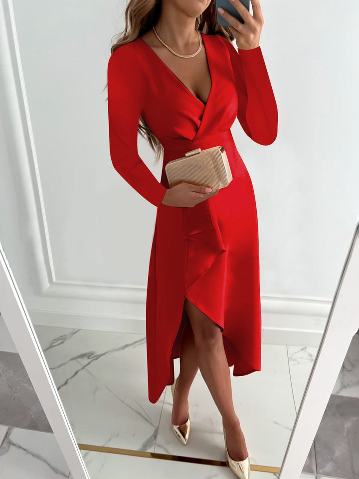 Modernes Damen Sommerkleid: Midi-Etuikleid mit V-Ausschnitt & modischem Schlitz. Ideal für Büro & Abendmode.