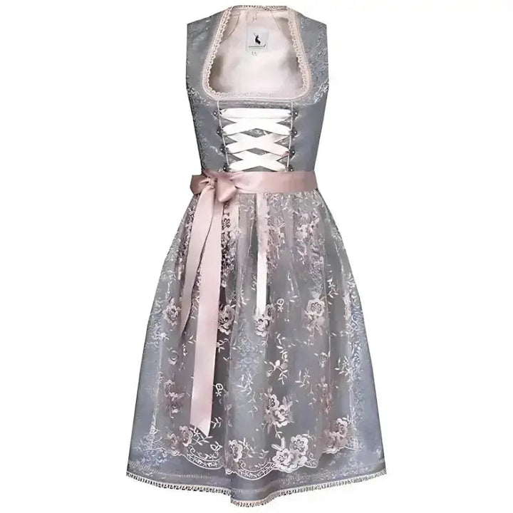 Elegantes Damen Oktoberfest Dirndlkleid in Grau-Grün mit feiner Stickerei und traditionellem Mieder.