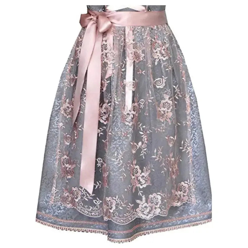 Traditionelles Damen Dirndlkleid für Oktoberfest und Volksfeste, elegant grau-grün, mit aufwendiger Stickerei.