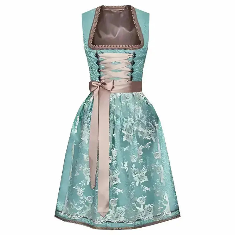Edles Damen Dirndlkleid in Grau-Grün für festliche Anlässe, mit detailreicher Stickerei und klassischem Schnitt.
