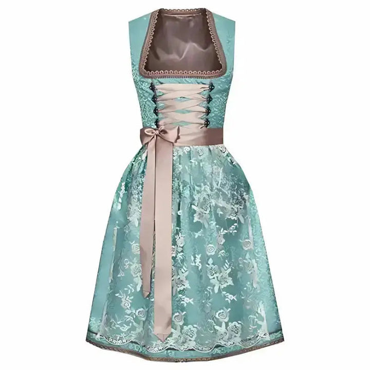 Edles Damen Dirndlkleid in Grau-Grün für festliche Anlässe, mit detailreicher Stickerei und klassischem Schnitt.