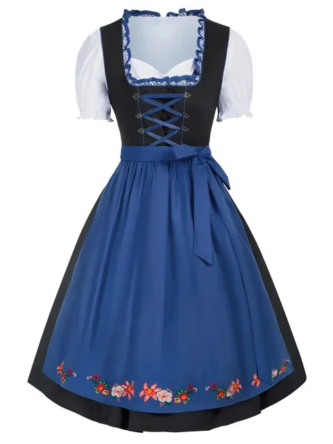 Elegantes Damen Oktoberfest Dirndlkleid mit Stickerei, Schnürmieder, Schürze und Bluse als Komplettset.