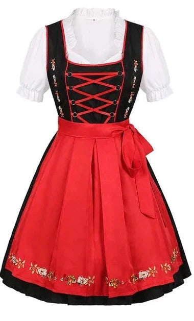 Komplettes Dirndlset für Damen: Trachtenkleid mit Stickerei, Schürze und Bluse, ideal für Volksfest.