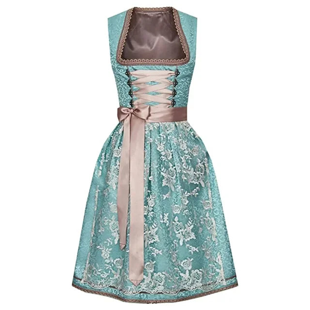 Festliches Damen Dirndl mit Schnürmieder, reichhaltiger Stickerei und passender Schürze für besondere Anlässe.