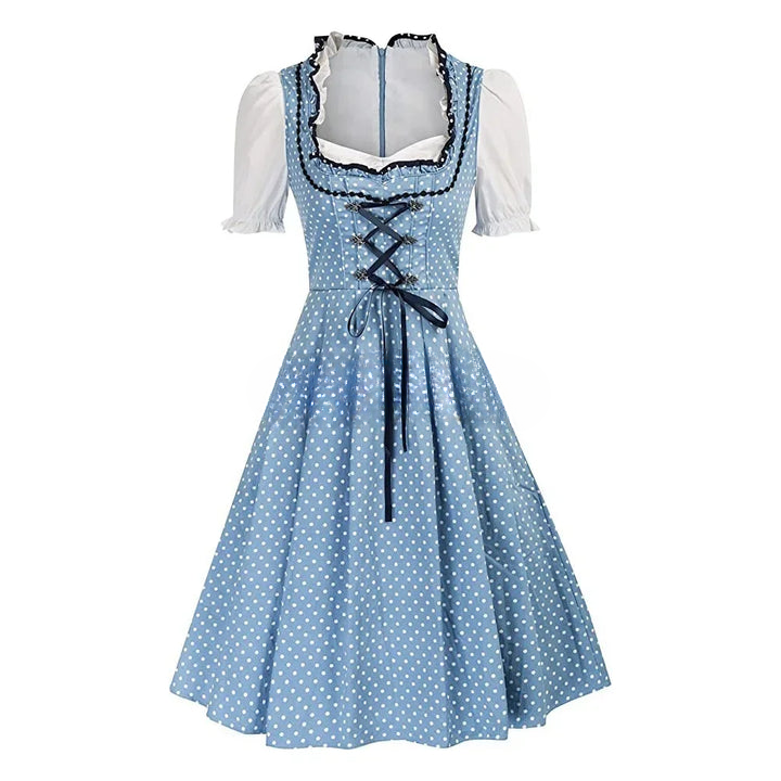 Damen Oktoberfest Dirndlkleid als Komplettset, detailreich bestickt, mit klassischer Schnürung und Schürze.