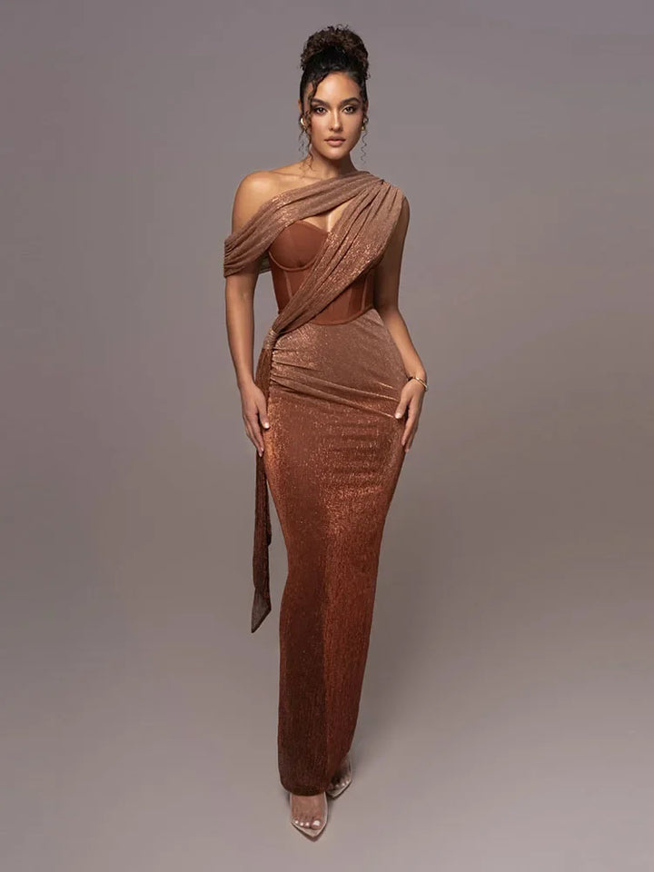Elegantes Damen One-Shoulder Abendkleid in metallischem Braun-Grün, perfekt für festliche Anlässe und Abendmode.