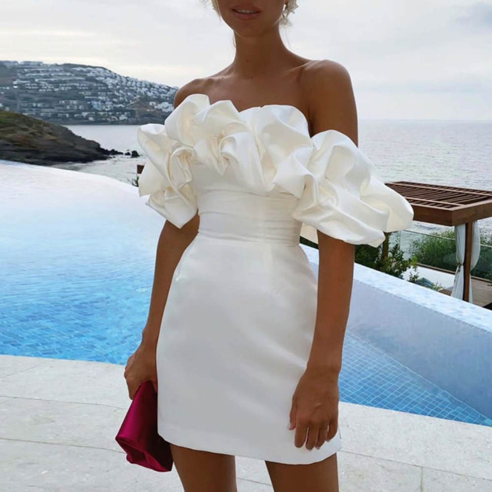 Elegantes Damen Rüschen Minikleid für festliche Anlässe. Ideal als Hochzeitsgastkleid oder Abendkleid.