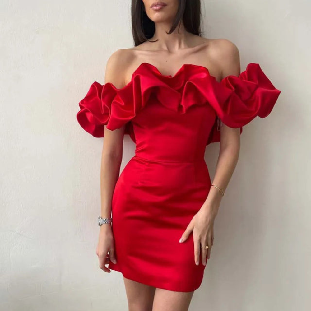 Schickes, elegantes Minikleid mit Rüschen für Damen, ideal als Hochzeitsgast-Outfit oder Abendmode.