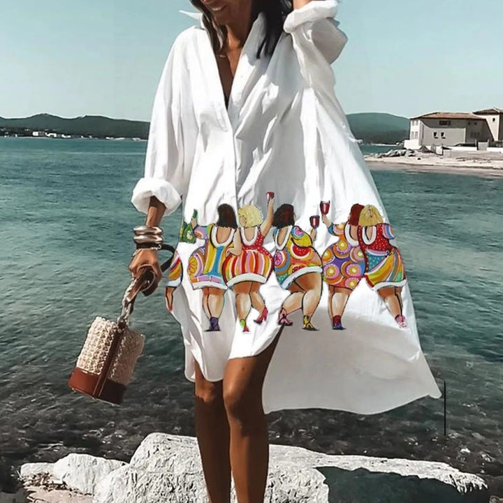 Langes Damen Sommer Maxikleid als lässiges Hemdblusenkleid für Strand und Urlaub, durchgeknöpft.