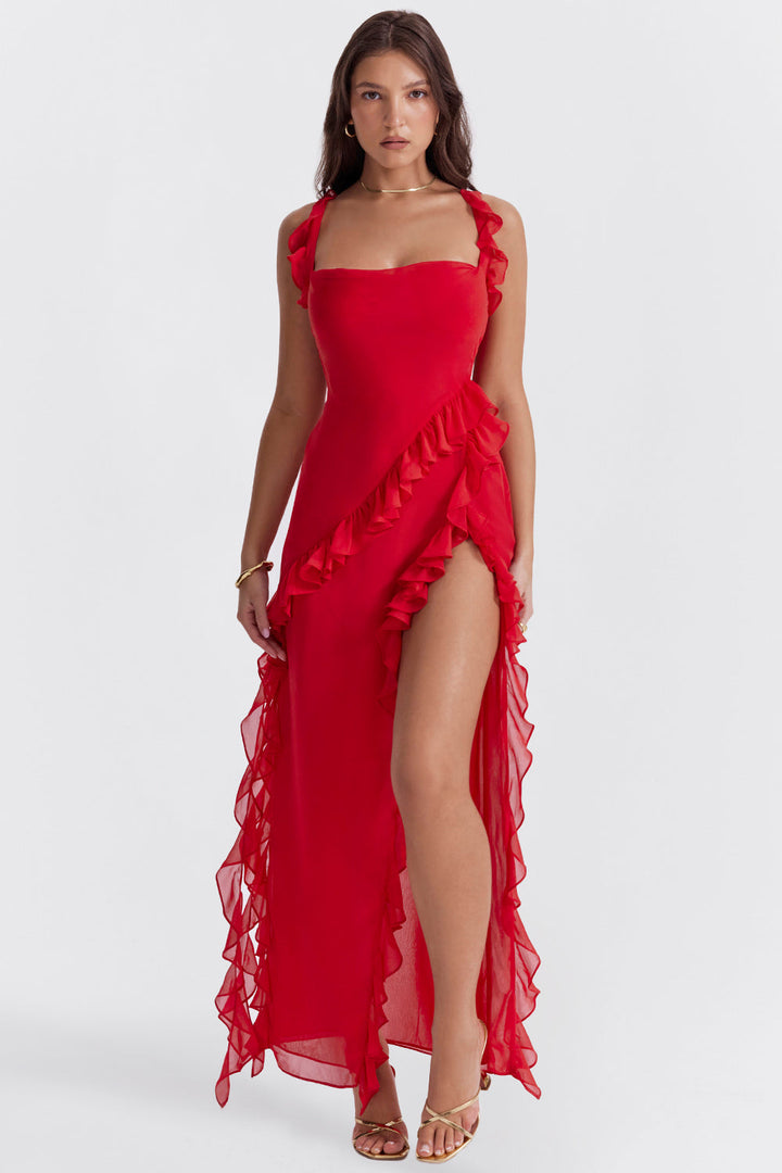 Damen Maxikleid, elegant, mit Rüschen, lang und mit stilvollem Frontschlitz. Sommer- und Abendmode.