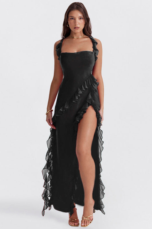 Modernes Damen Rüschenkleid, lang, mit Frontschlitz, perfekt als stilvolles Sommer- oder Abendkleid.