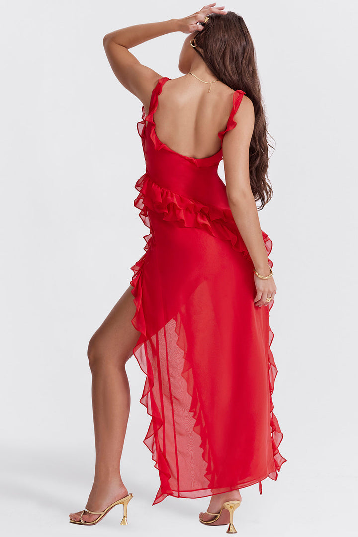 Damen Maxikleid in elegantem Design, mit Rüschen und sexy Frontschlitz. Ideal für Sommerabende.