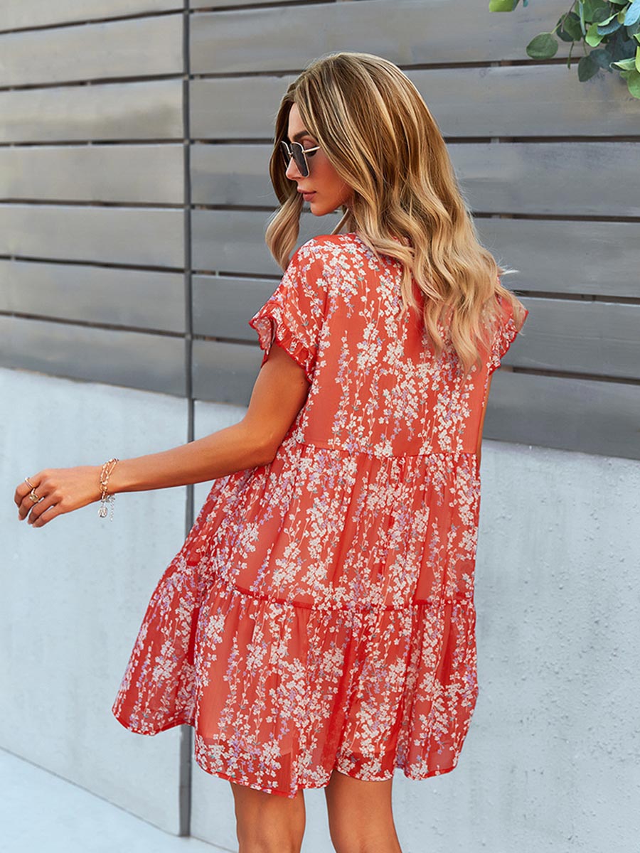 Kurzes Damen-Freizeitkleid, A-Linie, allover Blumenmuster, V-Ausschnitt, ideal für warme Tage