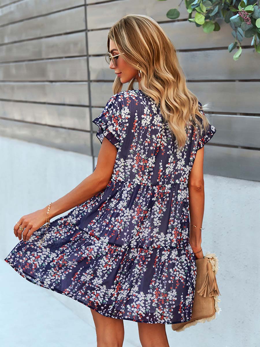 Blumenmuster-Freizeitkleid für Damen, A-Linie, V-Ausschnitt, knielang, aus leichter Baumwollmischung