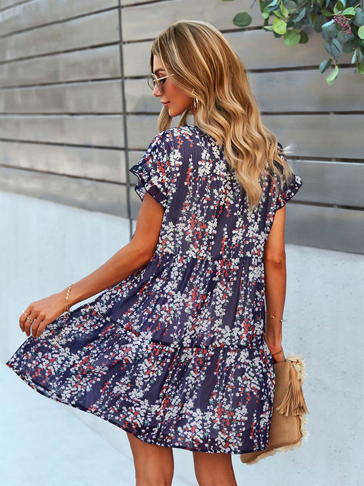 Blumenmuster-Freizeitkleid für Damen, A-Linie, V-Ausschnitt, knielang, aus leichter Baumwollmischung