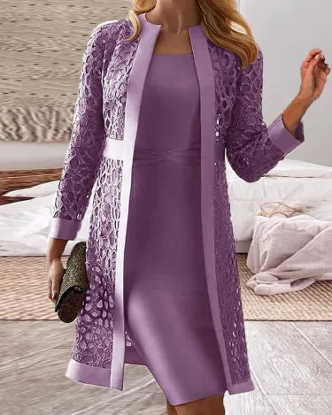 Elegantes Damen Spitzen Cardigan Kleid Zweiteiler, festlich für Herbst & Anlässe, wie Hochzeit Gast.