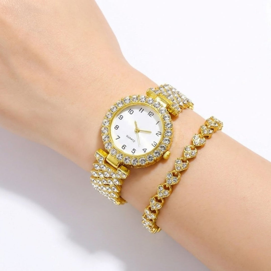 Luxuriöses Damen Uhrenset mit strahlenden Glitzersteinen und einem eleganten Herzarmband, perfekt für jeden Anlass.