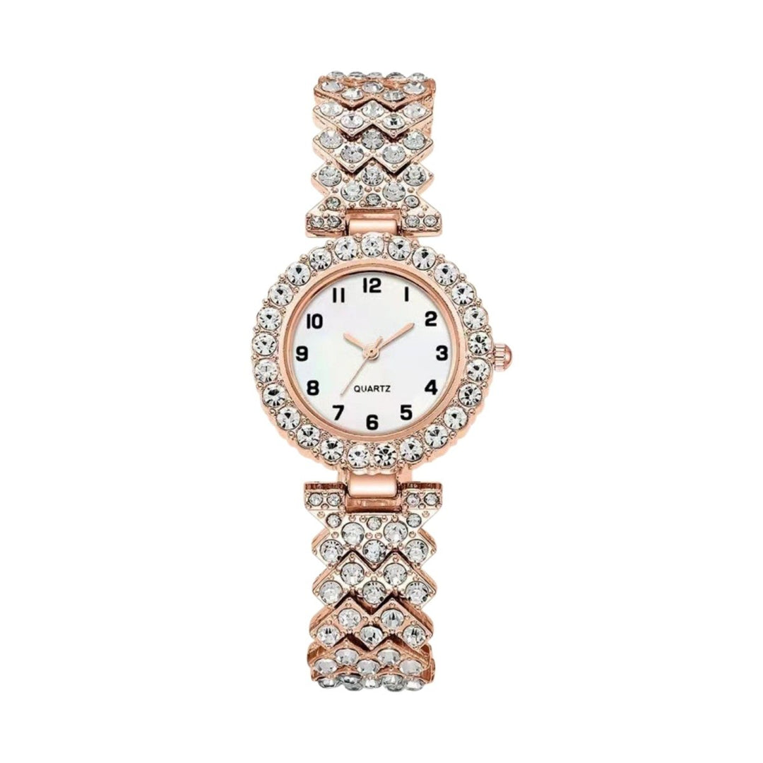 Stylisches Damen Armbanduhr-Set mit glitzerndem Gehäuse und femininem Herzarmband, ein modisches Accessoire.