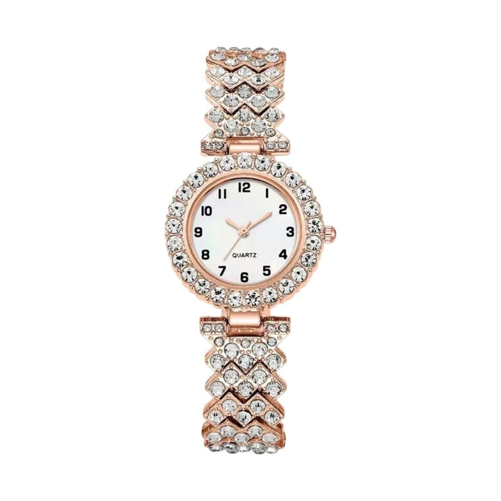 Stylisches Damen Armbanduhr-Set mit glitzerndem Gehäuse und femininem Herzarmband, ein modisches Accessoire.