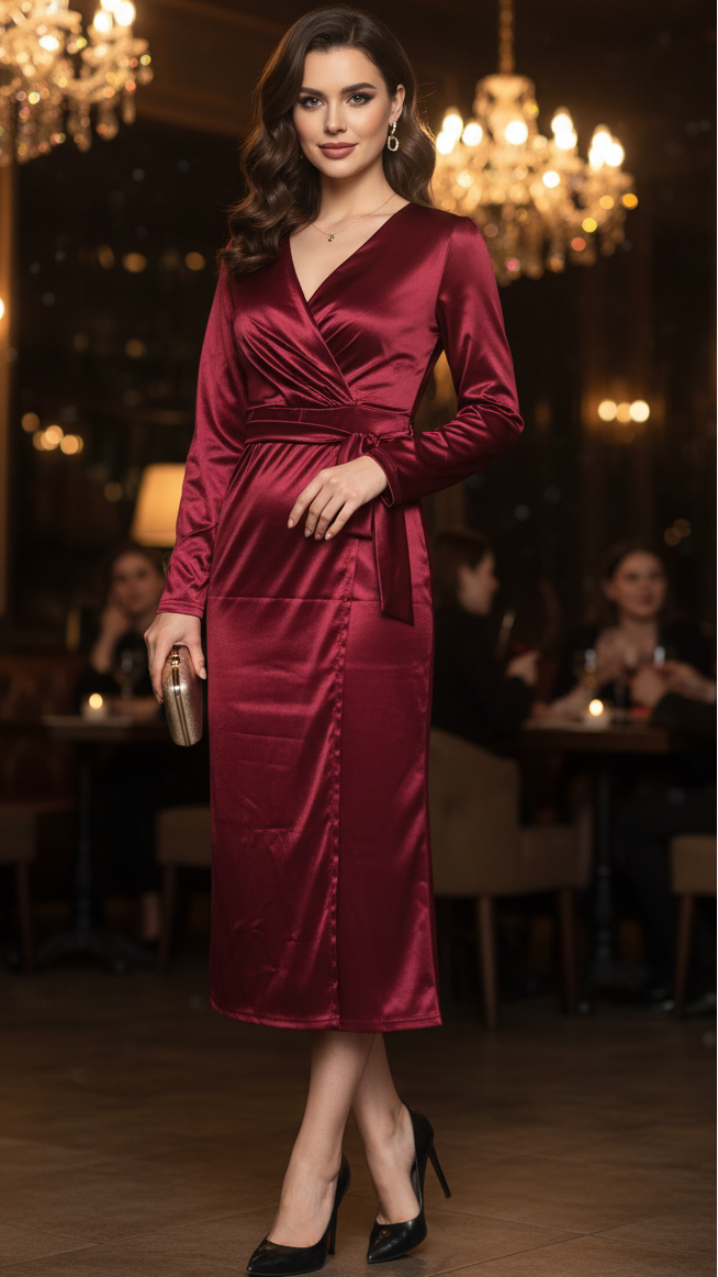 Elegantes Damen Wickel-Midikleid in Burgunderrot für festliche Frühlings- & Sommerabende. Perfektes Abendkleid.
