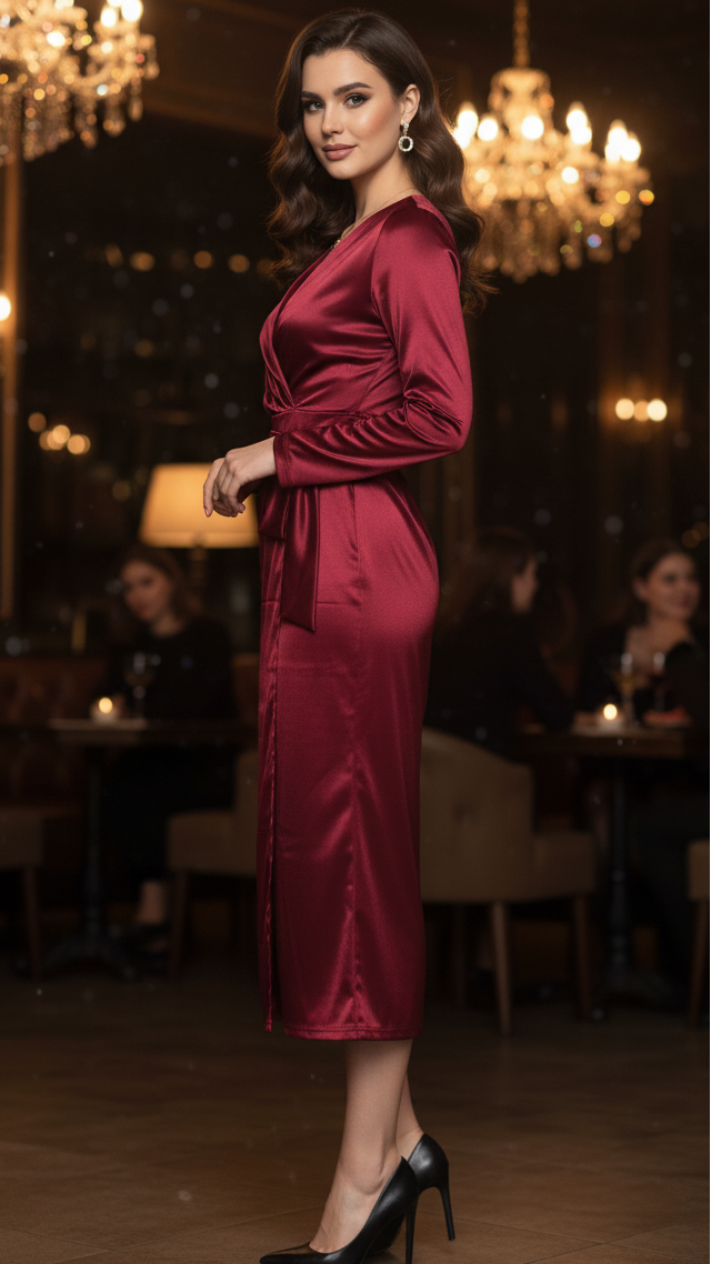 Burgunderrotes Wickel-Midikleid für Damen. Ideal als elegantes Frühlings- & Sommerkleid oder festliches Cocktailkleid.