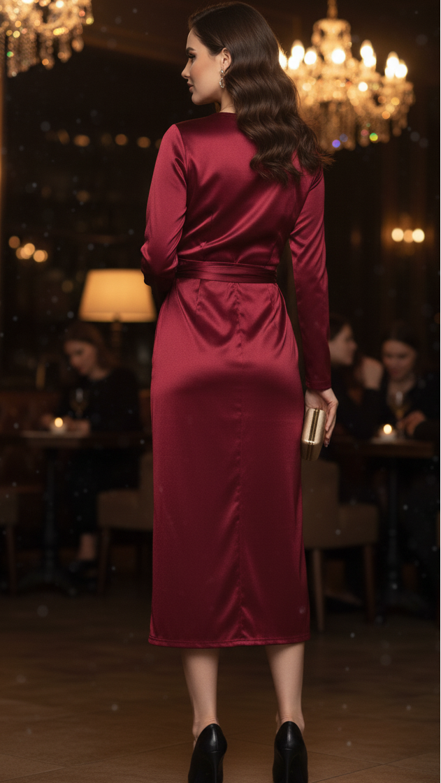 Stilvolles Damen Midikleid im Wickel-Look, perfekt für elegante Frühlings- und Sommerabende oder festliche Anlässe.
