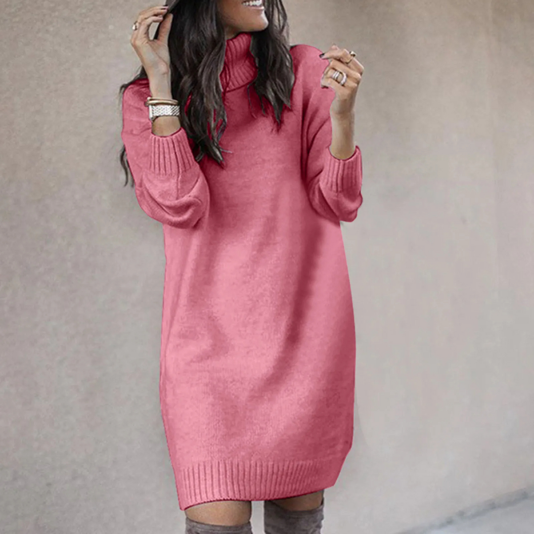 Elegantes Damen Winter-Strickkleid mit hohem Rollkragen, warm und gemütlich für kalte Tage.