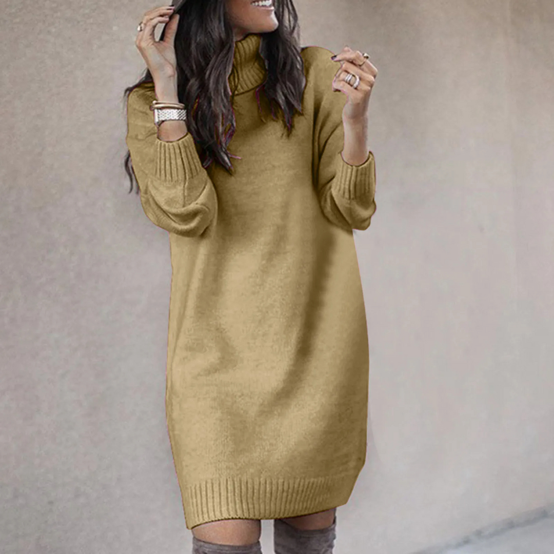 Modisches Damen Langarm-Strickkleid mit elegantem Rollkragen, perfekt für schicke Winterlooks.