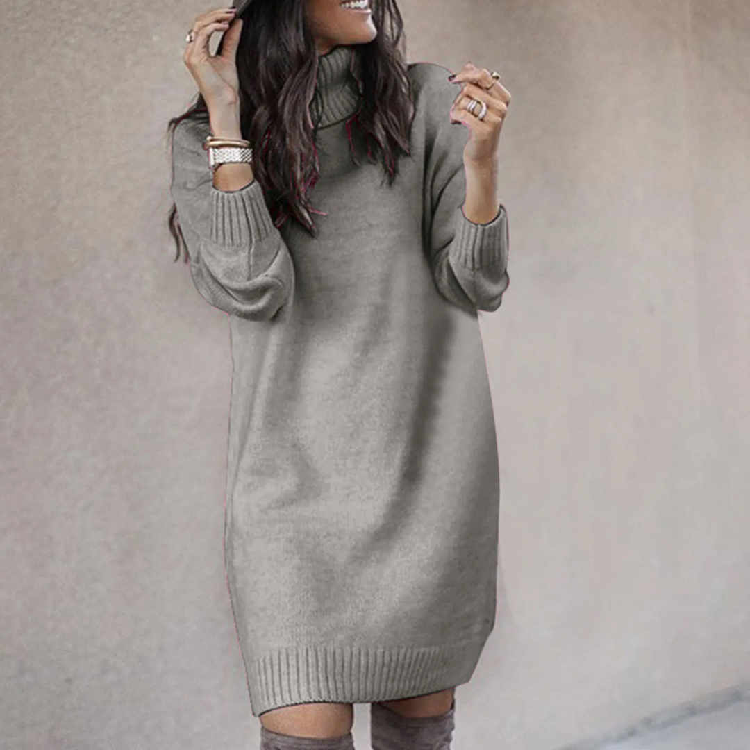 Feinstrick Damen Winterkleid mit Rollkragen, warmes und elegantes Langarmkleid für kühle Tage.