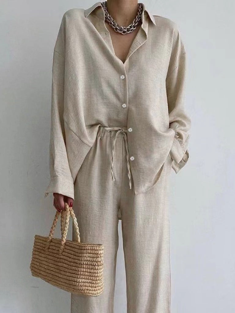 Elegantes Damen Zweiteiler Set: Langarmbluse & bequeme weite Hose. Perfekt für Frühling & Sommer, lässig & schick.