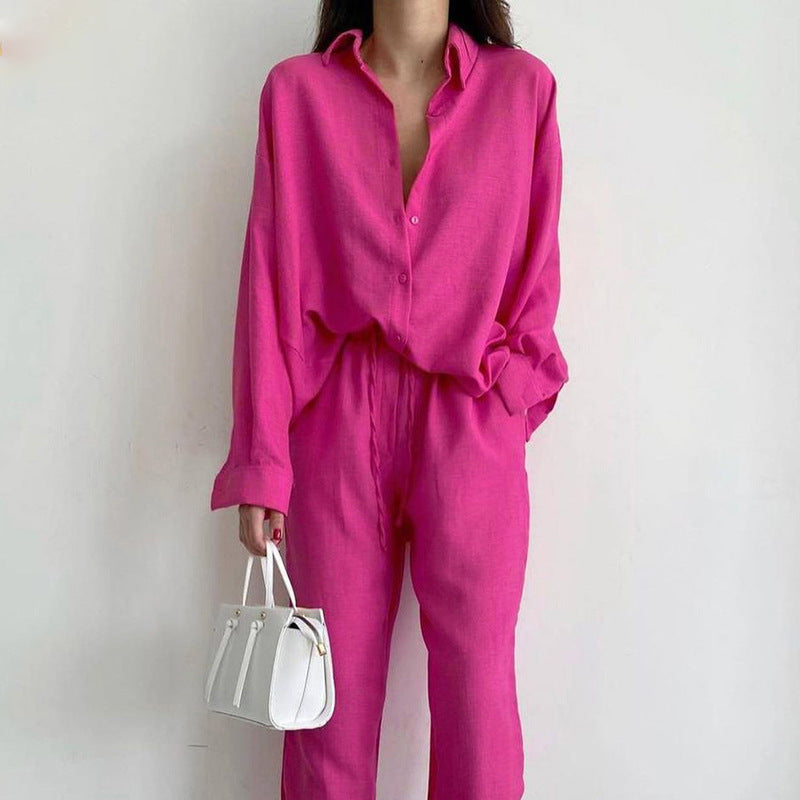 Lässiges Damen Bluse-Hose Set. Komfortable weite Hose & elegante Langarmbluse für Freizeit, Urlaub & Frühling.