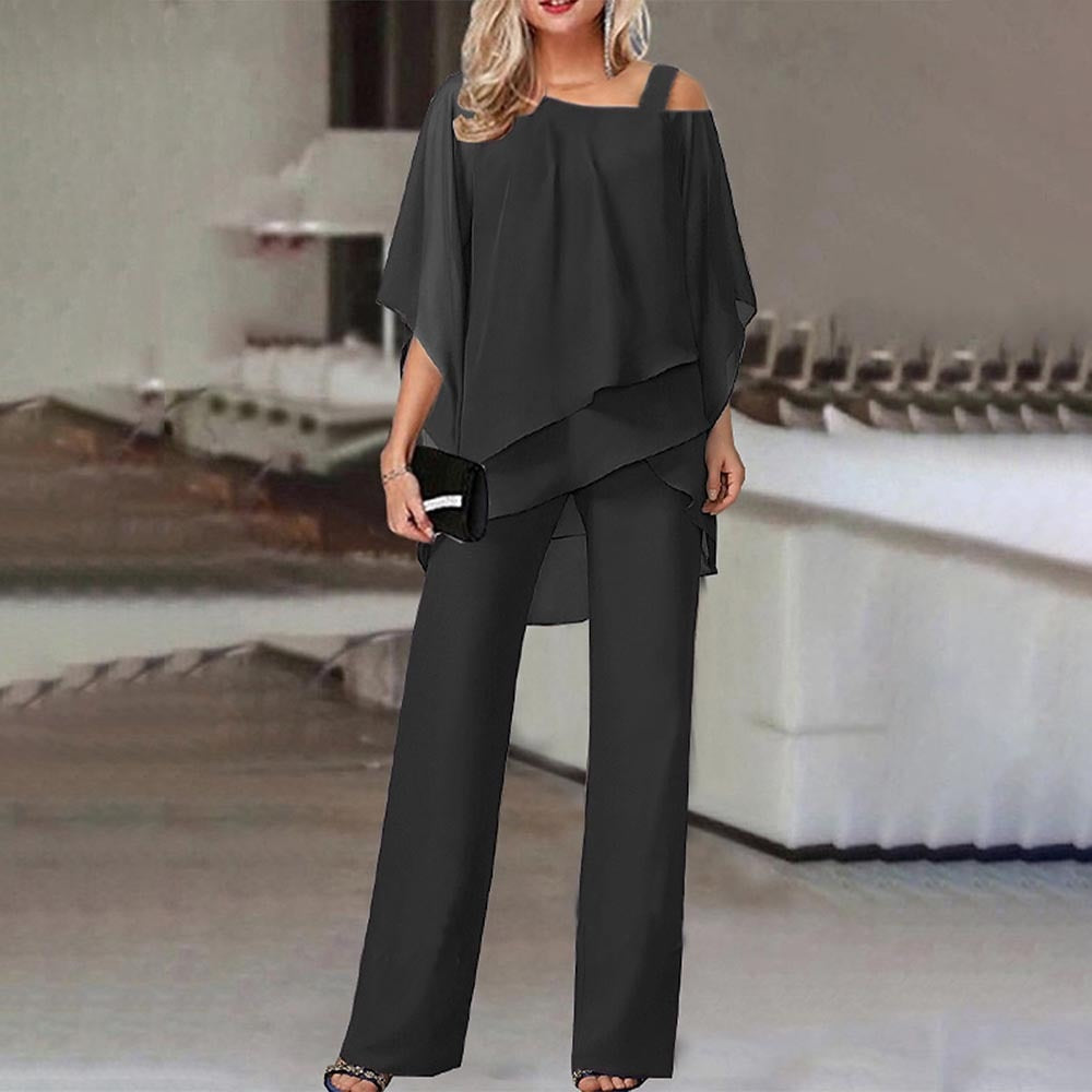 Elegantes Damen Zweiteiler-Set schulterfrei für Herbst & Freizeit. Stylische Hosen und Oberteil für Business & Abendmode.