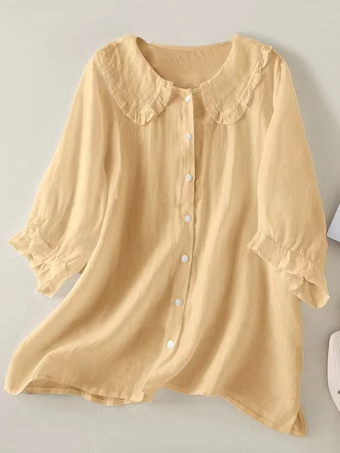 Stilvolles Damen-Shirt mit Rüschenkragen, perfekt für Frühling, Sommer und vielseitige Looks.