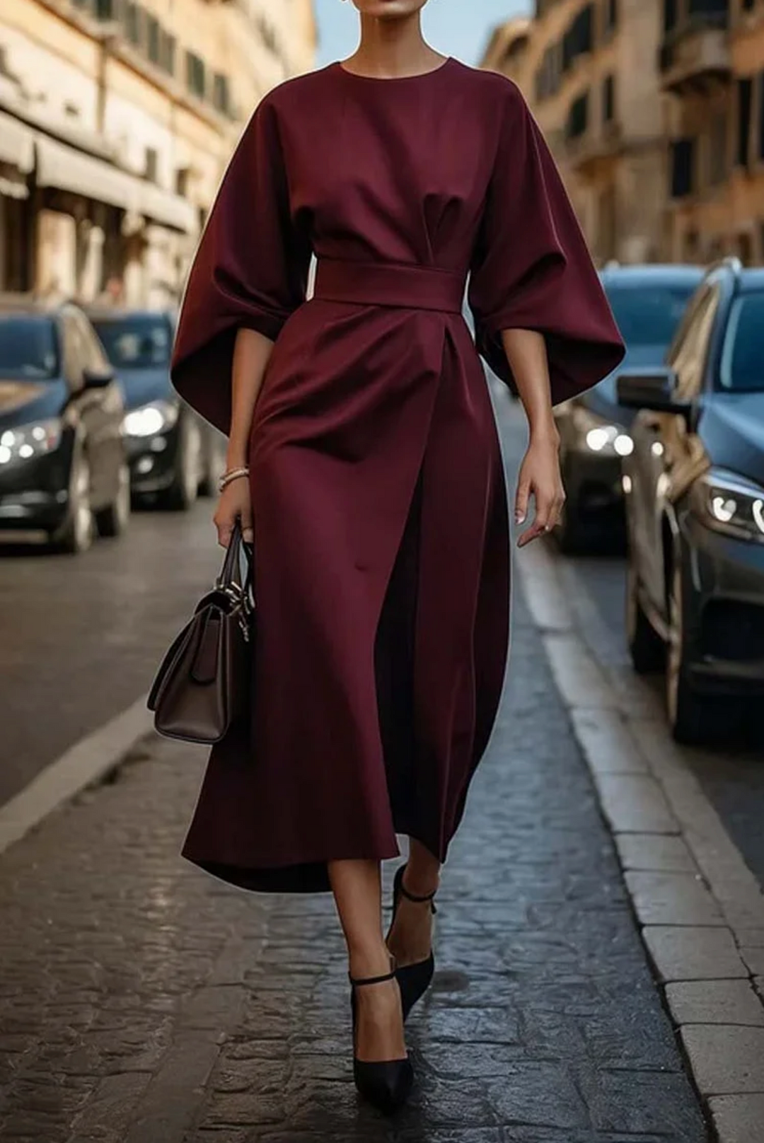 Elegant geschnittenes Kleid mit Gürtel und Laternenärmeln – Damenmode Outfit