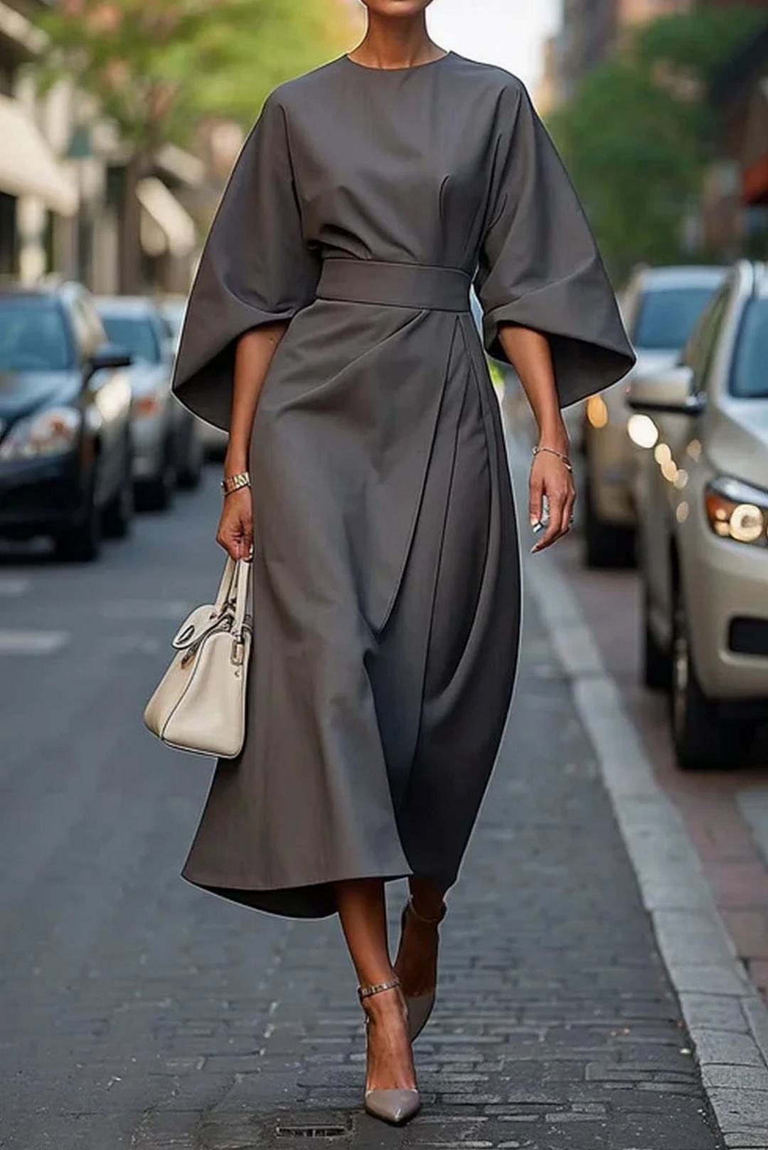 Abendmode: Stilvolles Emma Kleid mit Gürtel und besonderen Laternenärmeln