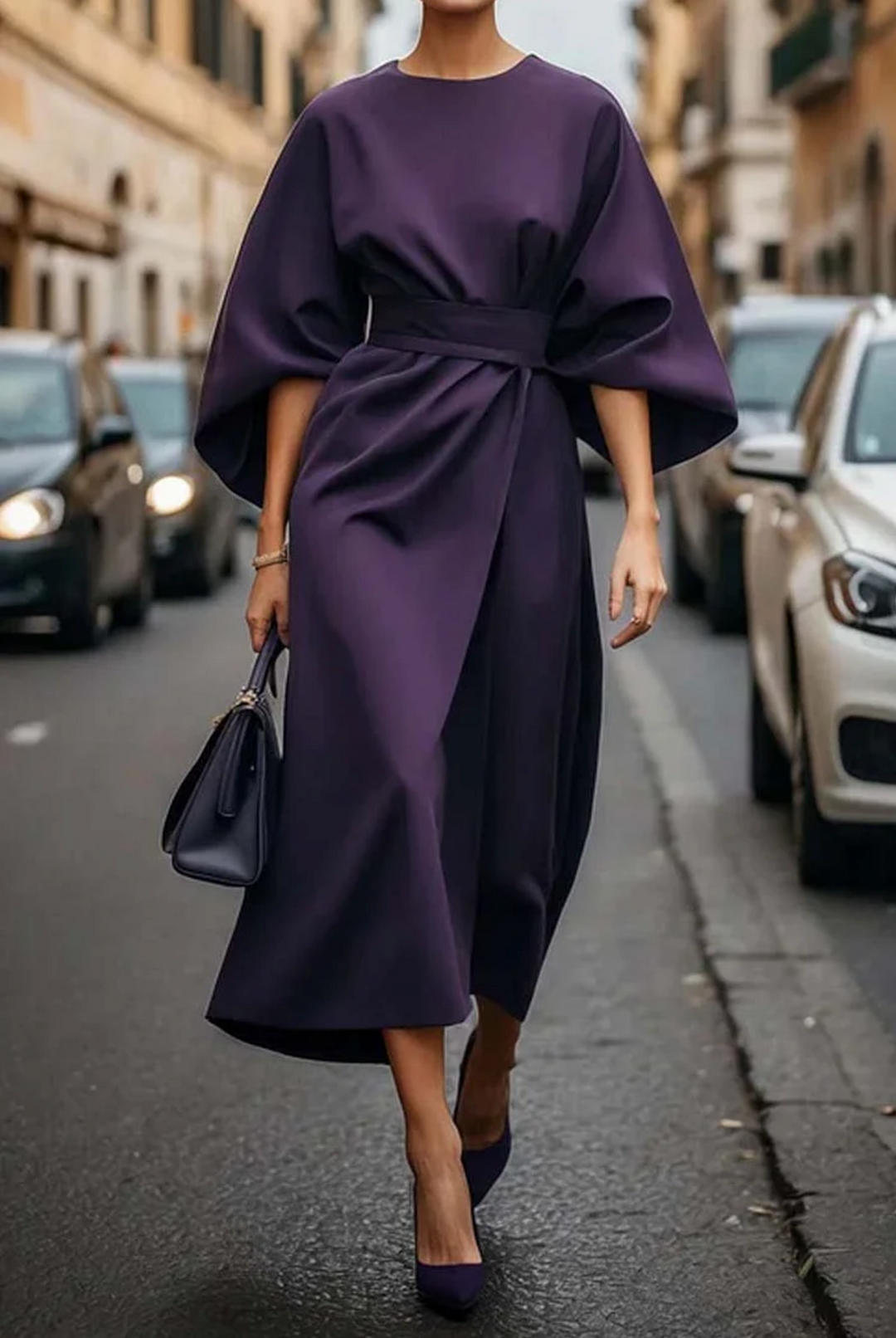 Outfit-Inspiration: Elegantes Damenkleid 'Emma' mit Gürtel und Laternenärmeln
