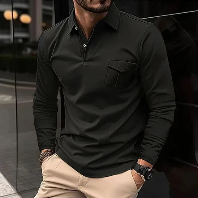 Schwarzes Herren Langarm Business-Hemd. Vielseitig für Bürokleidung oder elegante Freizeit-Looks. Hoher Tragekomfort.